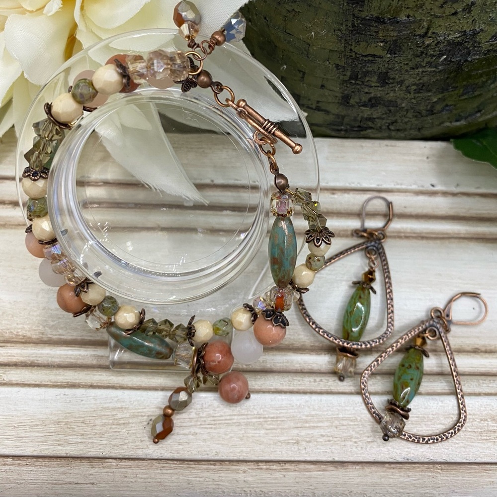 Elegant Double Strand Peach Agate Gemstone Beaded Bracelet and Earring Set